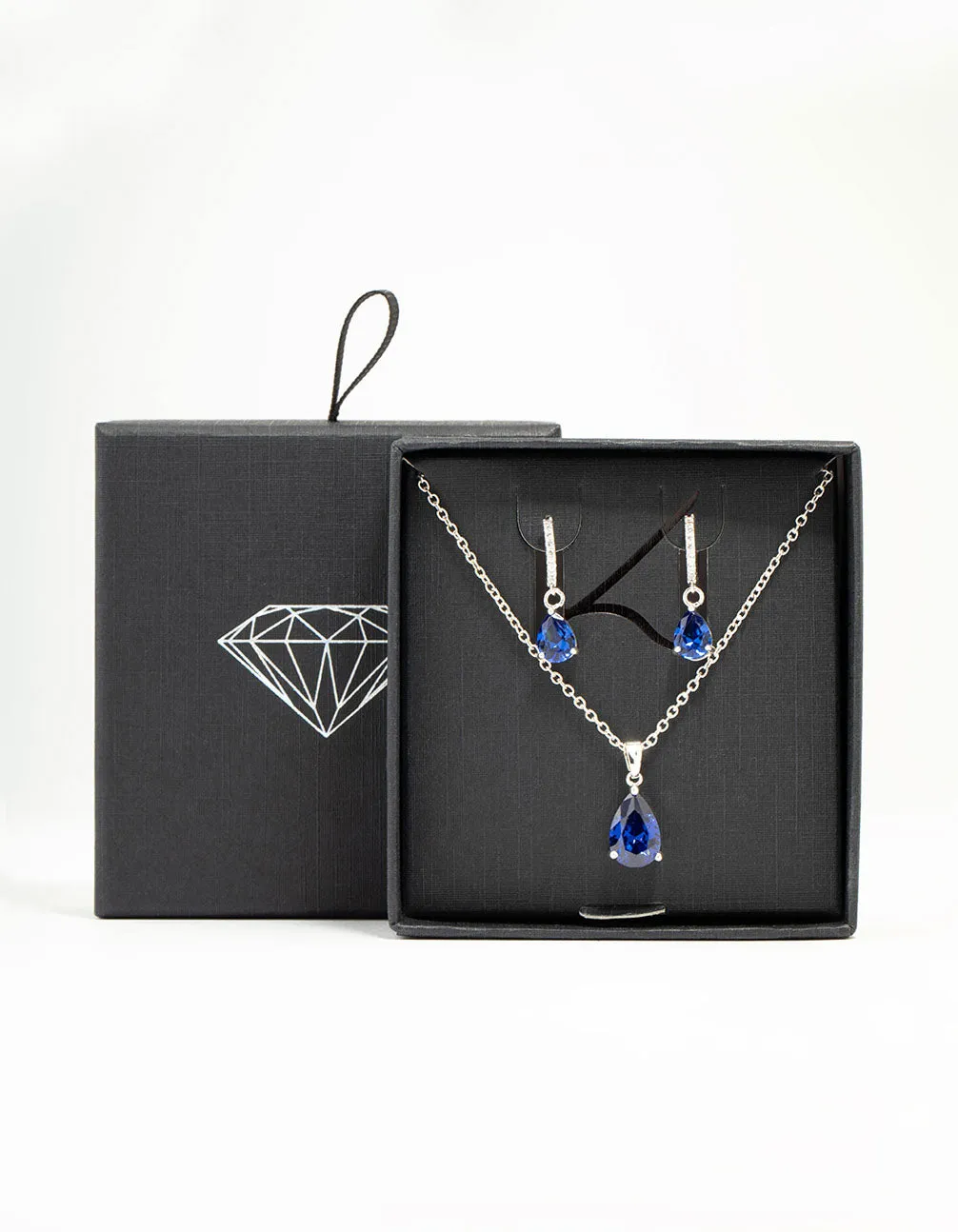 Rhodium Plated Sapphire Teardrop Necklace & Earrings Set