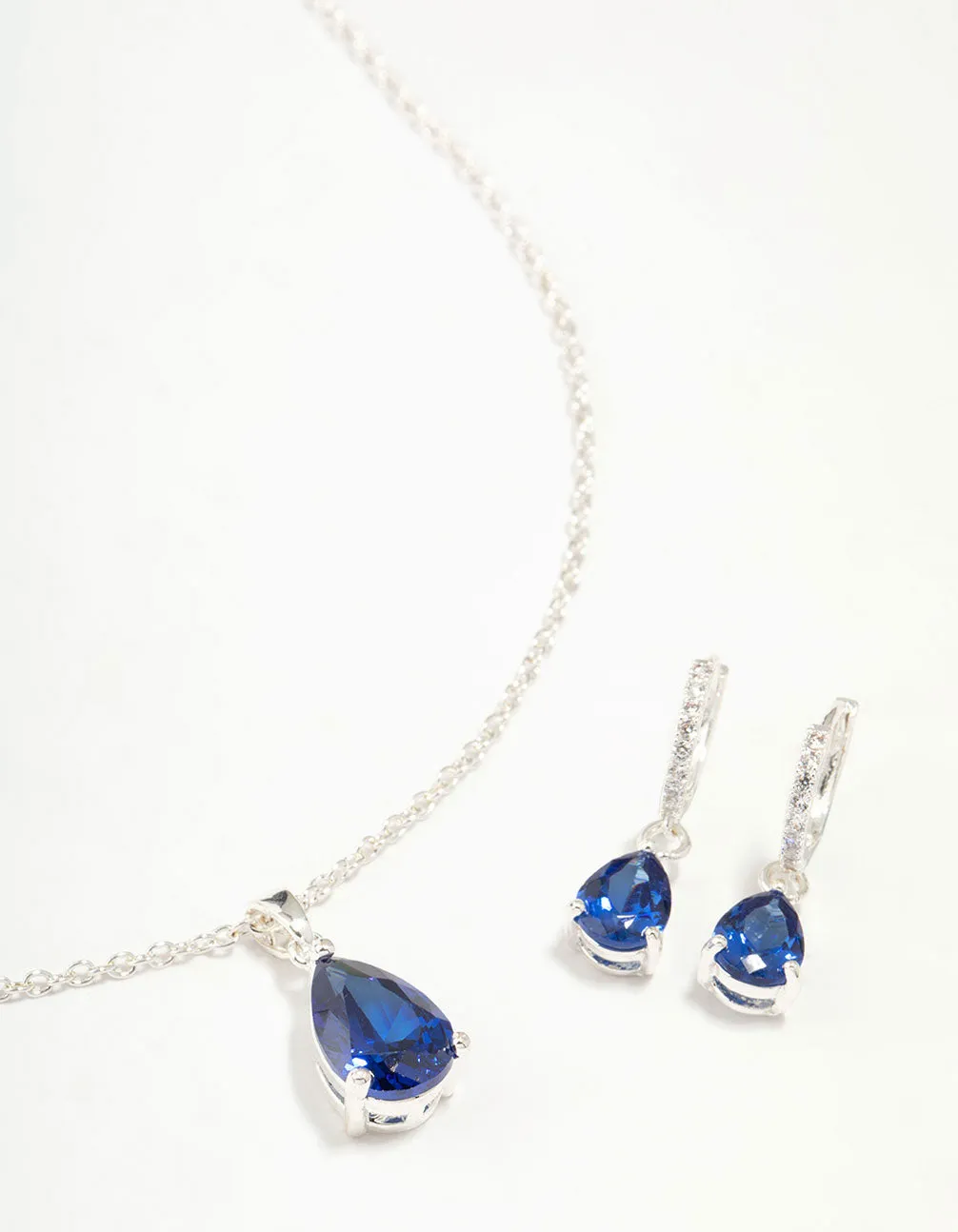 Rhodium Plated Sapphire Teardrop Necklace & Earrings Set