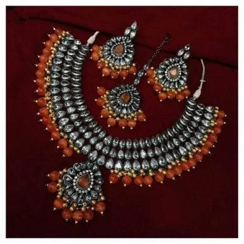 Rodium Drip Pendant Kundan Necklace Earring And Teeka Set