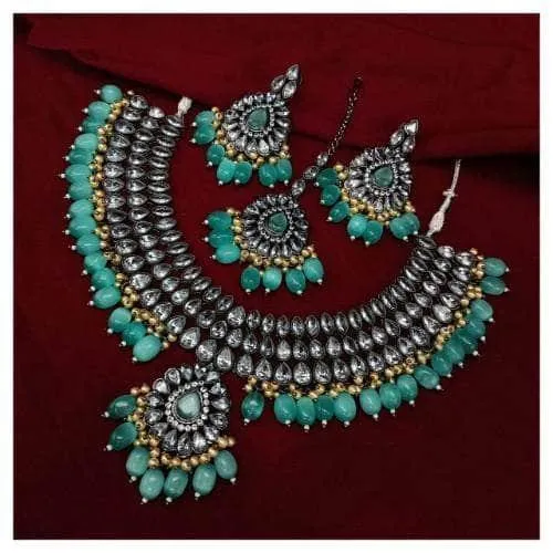 Rodium Drip Pendant Kundan Necklace Earring And Teeka Set