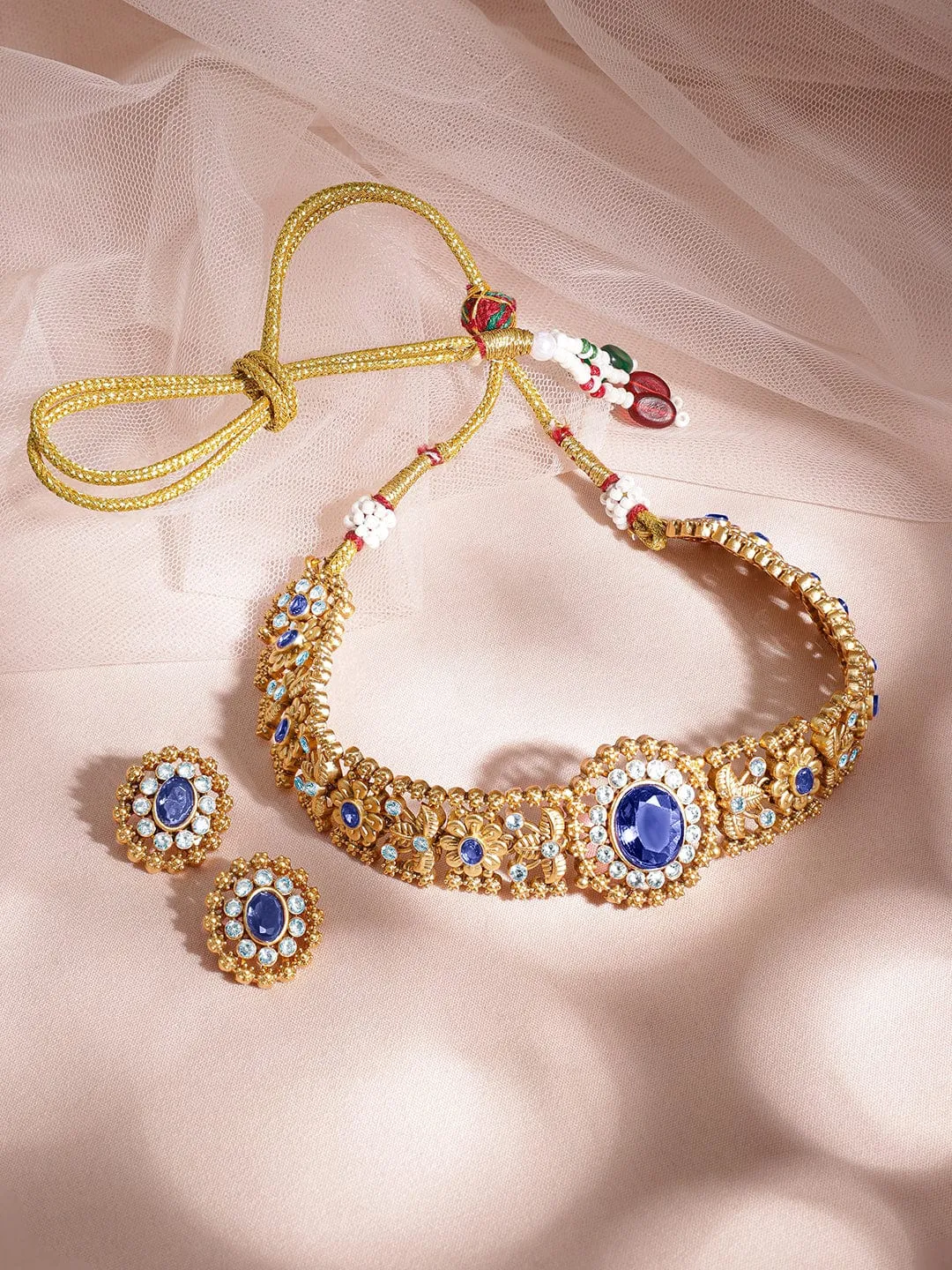 Rubans 24K Gold Plated Handcrafted Blue Sapphire & White Cubic Zirconia Studded Choker Set