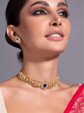 Rubans 24K Gold Plated Handcrafted Blue Sapphire & White Cubic Zirconia Studded Choker Set