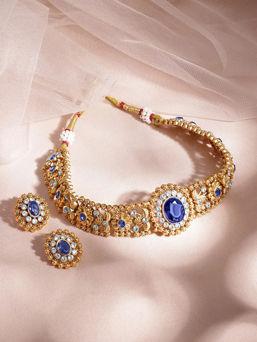 Rubans 24K Gold Plated Handcrafted Blue Sapphire & White Cubic Zirconia Studded Choker Set