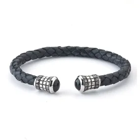 Samuel B. Quest Black Leather Bangle w/ Sterling Silver Black Onyx End Caps