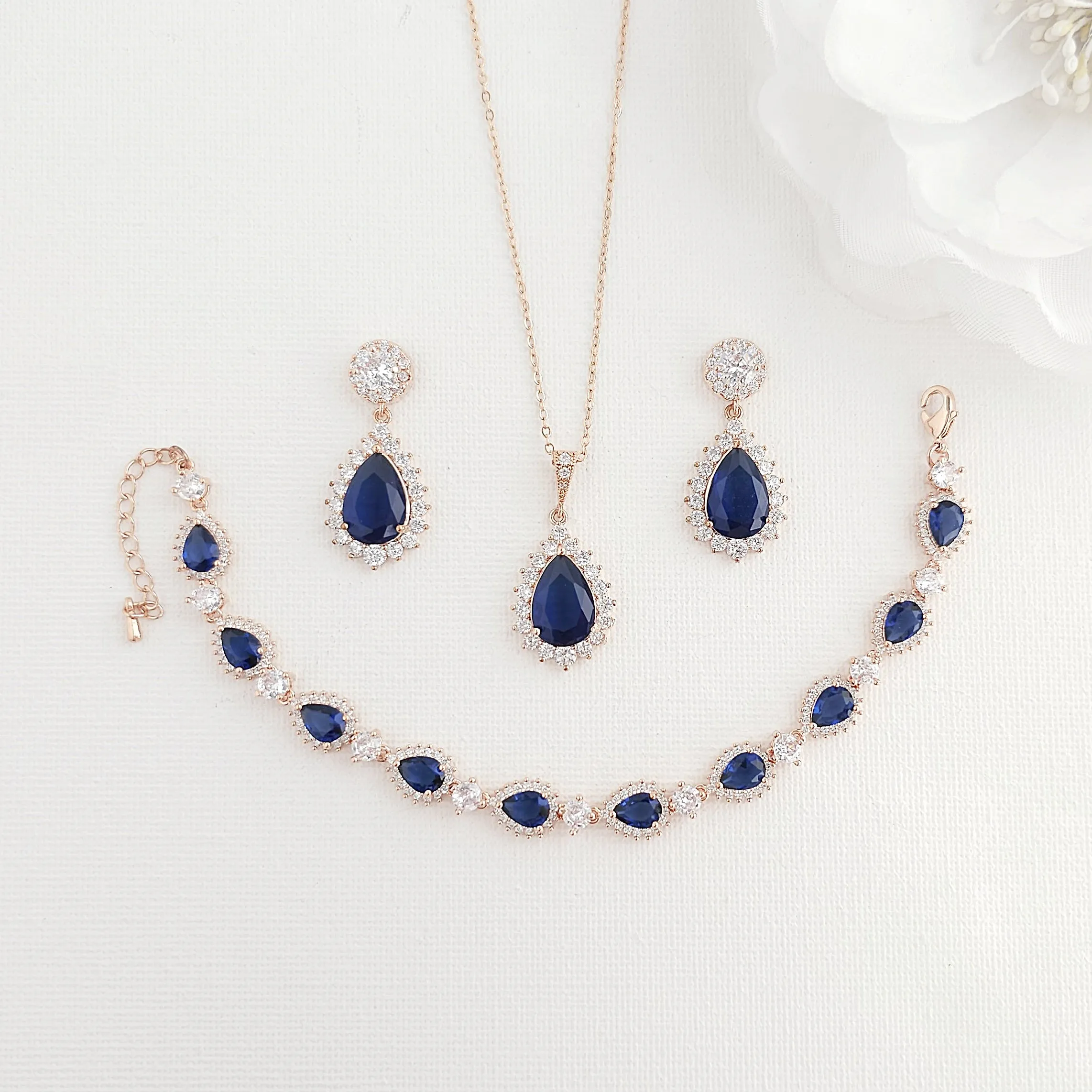 Sapphire Blue Cubic Zirconia Necklace Earring Bracelet Set-AOI