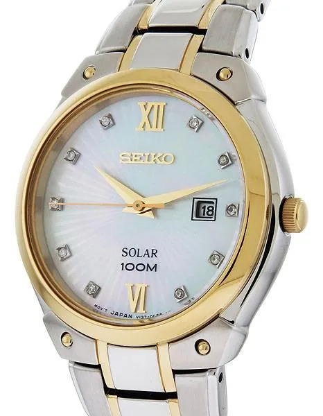 Seiko Solar Ladies Diamond Watch - Two-Tone Case & Bracelet - MOP Dial - 100M WR