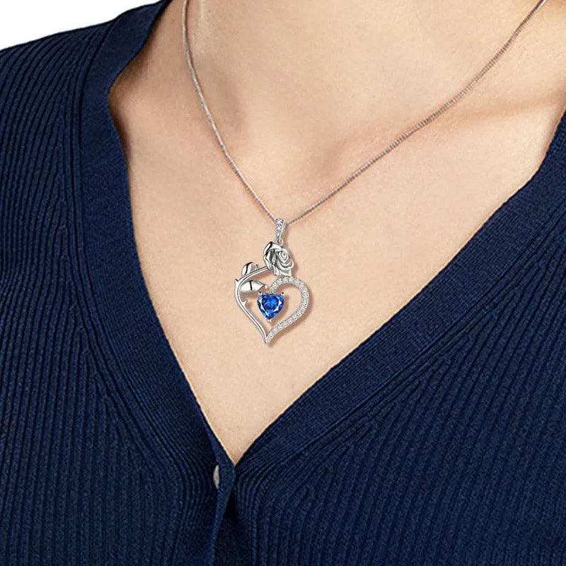 September Sapphire Necklace Women Heart Birthstone Pendant Flower Rose Jewelry Birthday Gifts