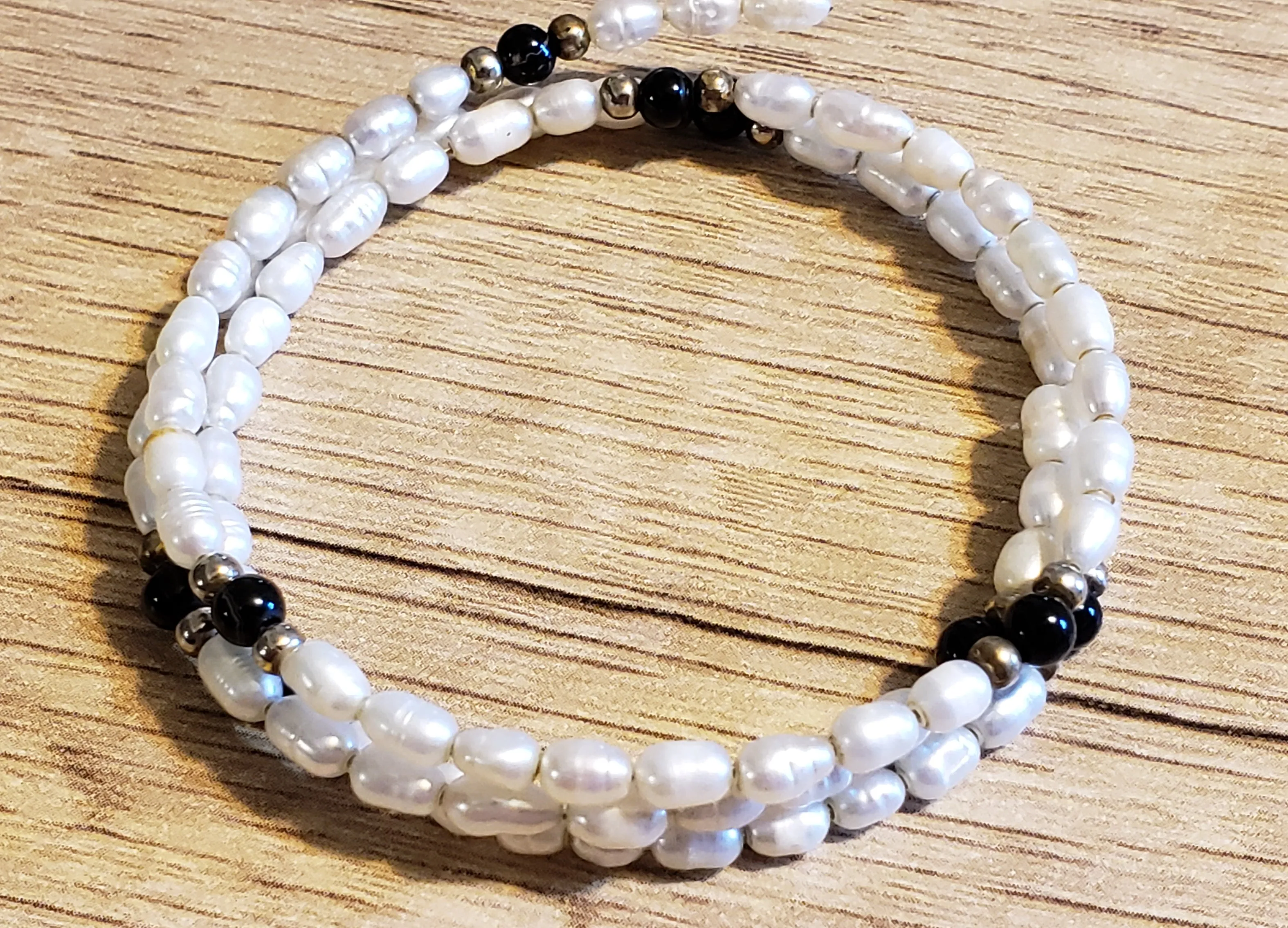 Set of 3 Natural Freshwater Pearl Memory Wire Wrap Bracelets 