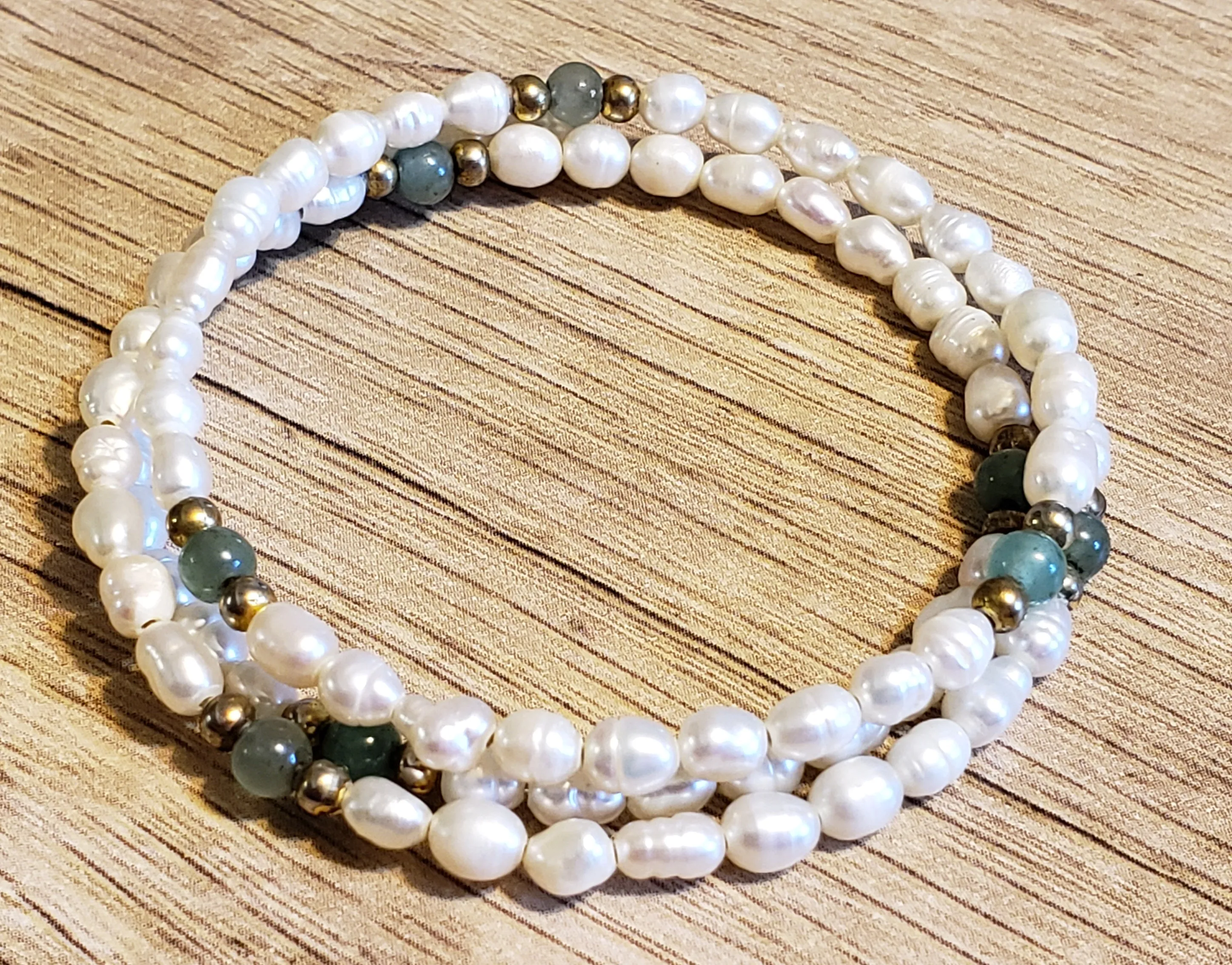 Set of 3 Natural Freshwater Pearl Memory Wire Wrap Bracelets 