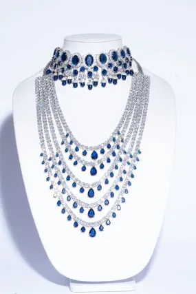 Shivanne Sapphire Blue White Gold Designer Necklace & Earring Set by Jaipur Rose Designer Indian Jewelry