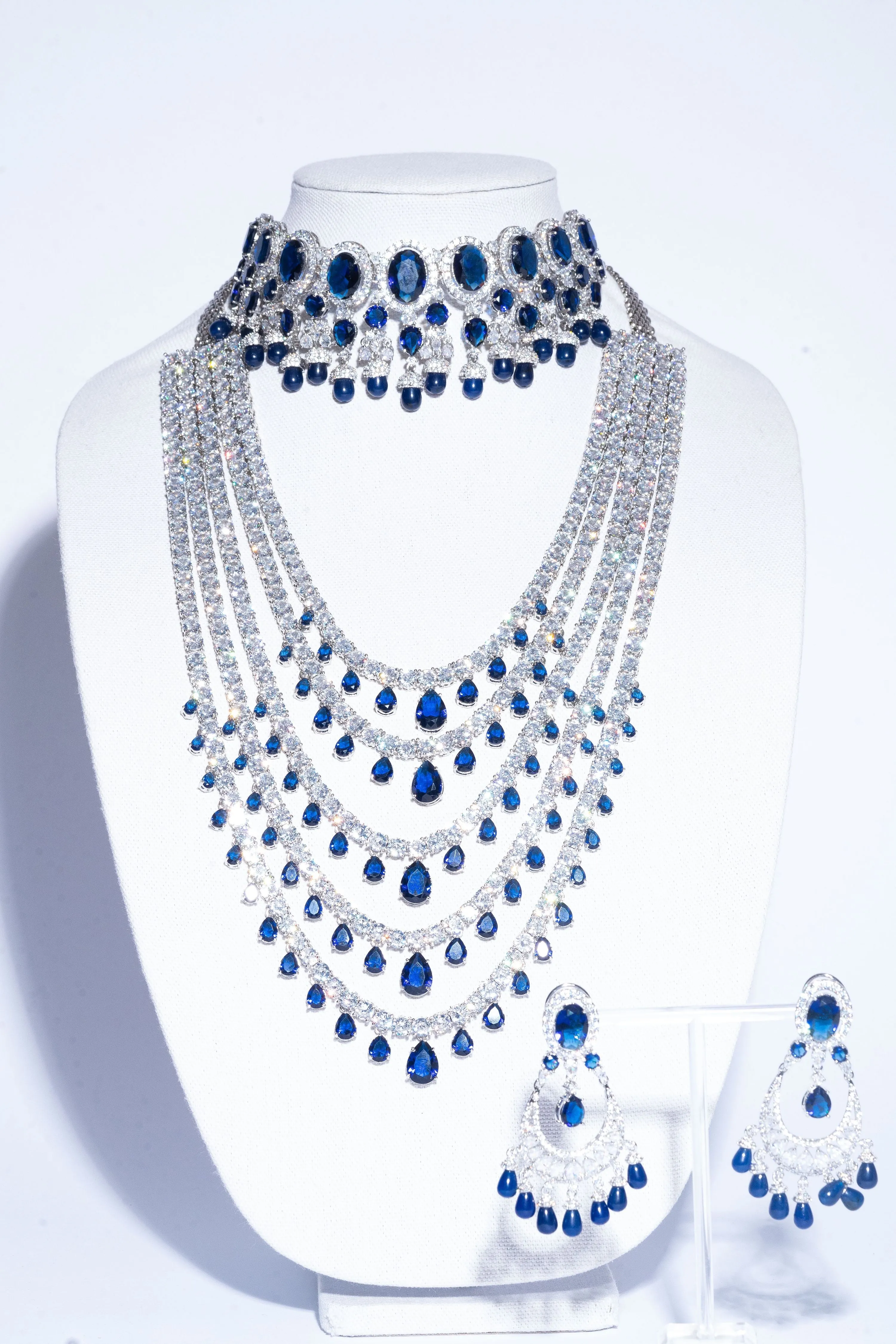 Shivanne Sapphire Blue White Gold Designer Necklace & Earring Set by Jaipur Rose Designer Indian Jewelry