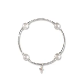 Silver Cross Charm White Pearl 8mm Blessing Bracelet-Large