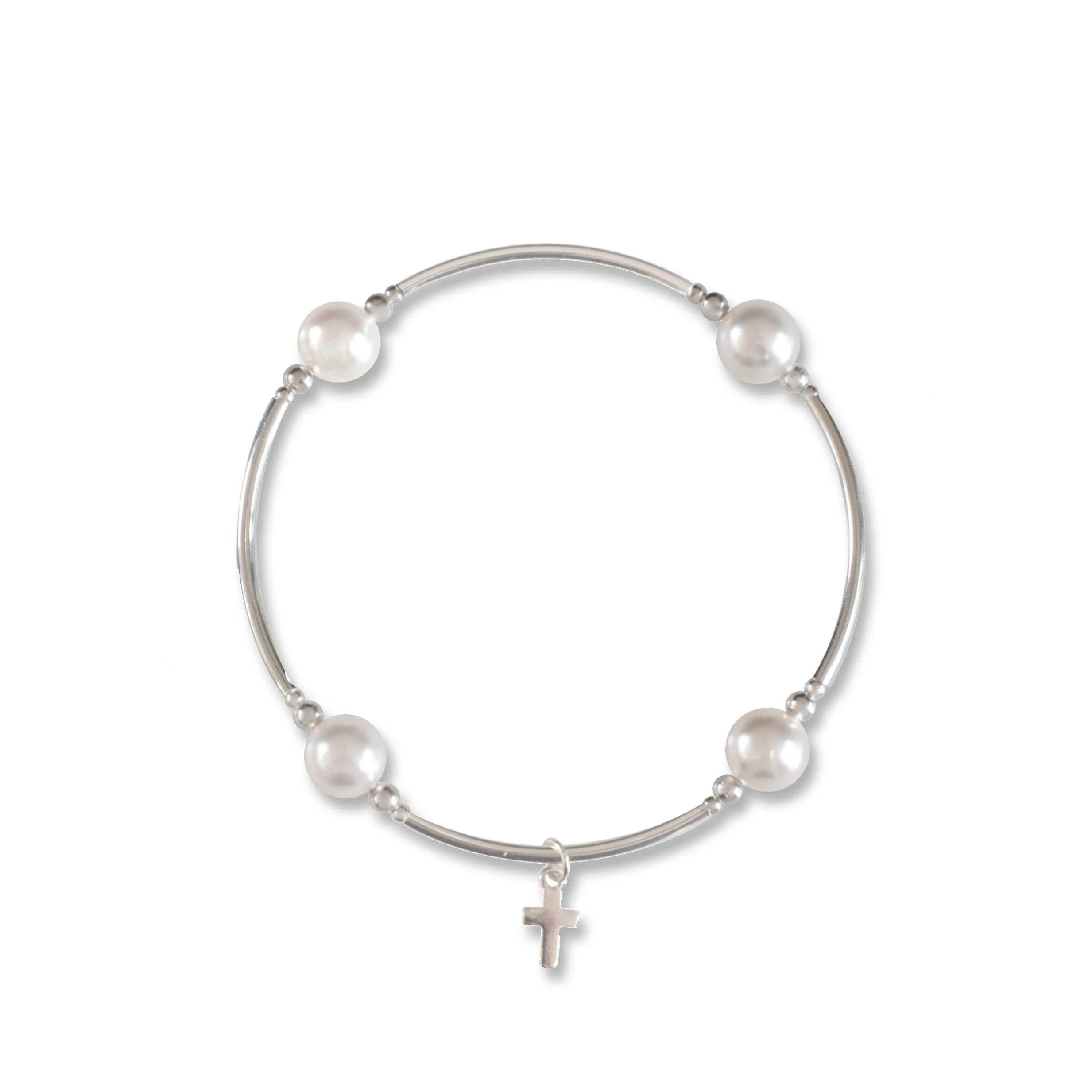 Silver Cross Charm White Pearl 8mm Blessing Bracelet-Small