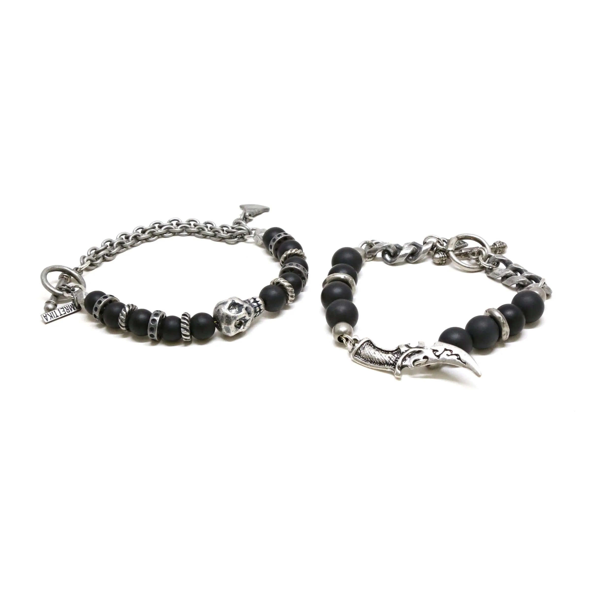 Skull and Dagger Onyx Beaded Bracelet Set in Silver Ox