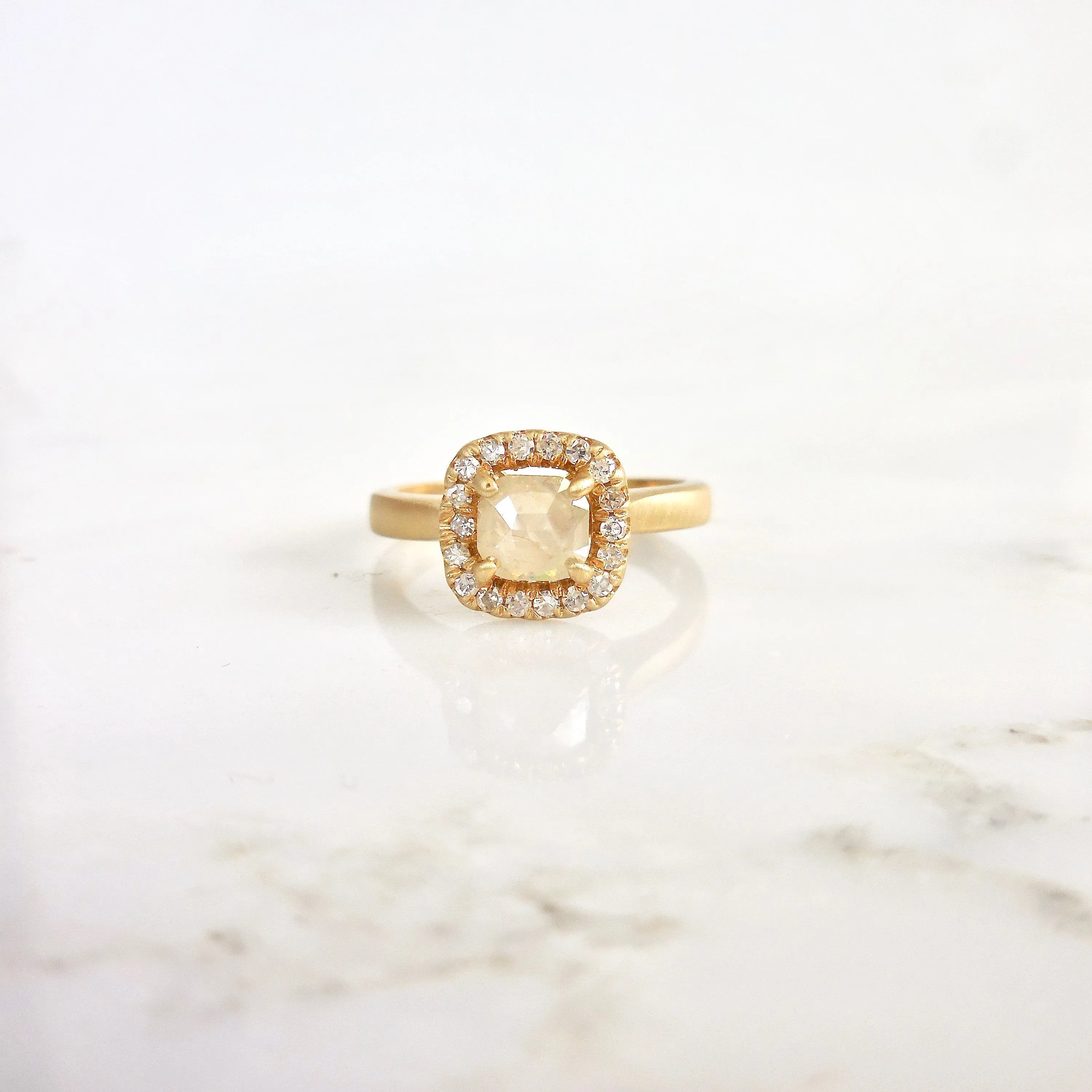 Square Diamond Halo Engagement Ring - Yellow Diamond Engagement Ring - Rustic Yellow Diamond Engagement Ring