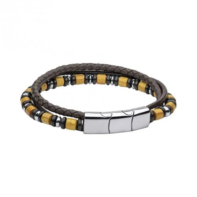 Stainless Steel Multi Layered Leather Bracelet with Wood and Black Onyx Beads Bracelet B5461