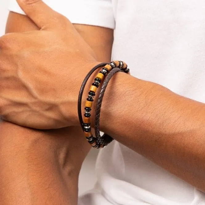 Stainless Steel Multi Layered Leather Bracelet with Wood and Black Onyx Beads Bracelet B5461