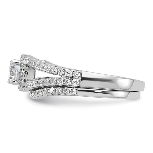 Sterling Silver CZ Brilliant Embers 2-Piece Halo Wedding Set