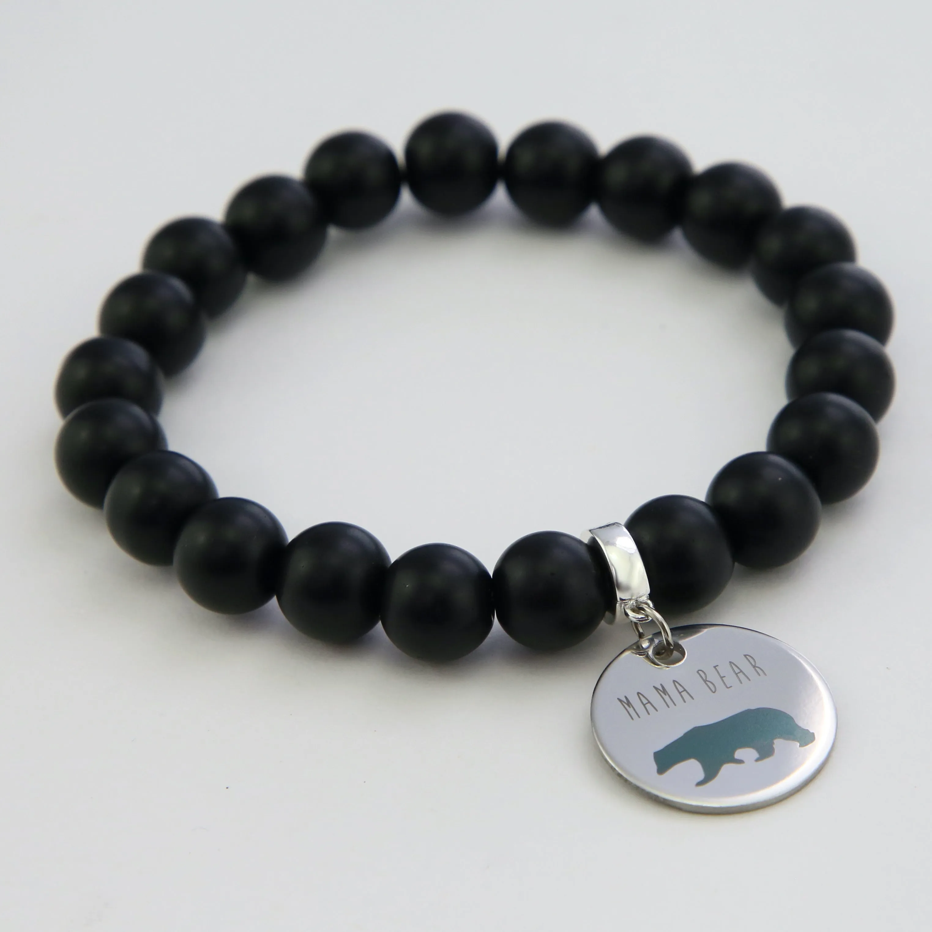 Stone Bracelet - Matt Black Onyx 10mm Beads - MAMA BEAR (11514)