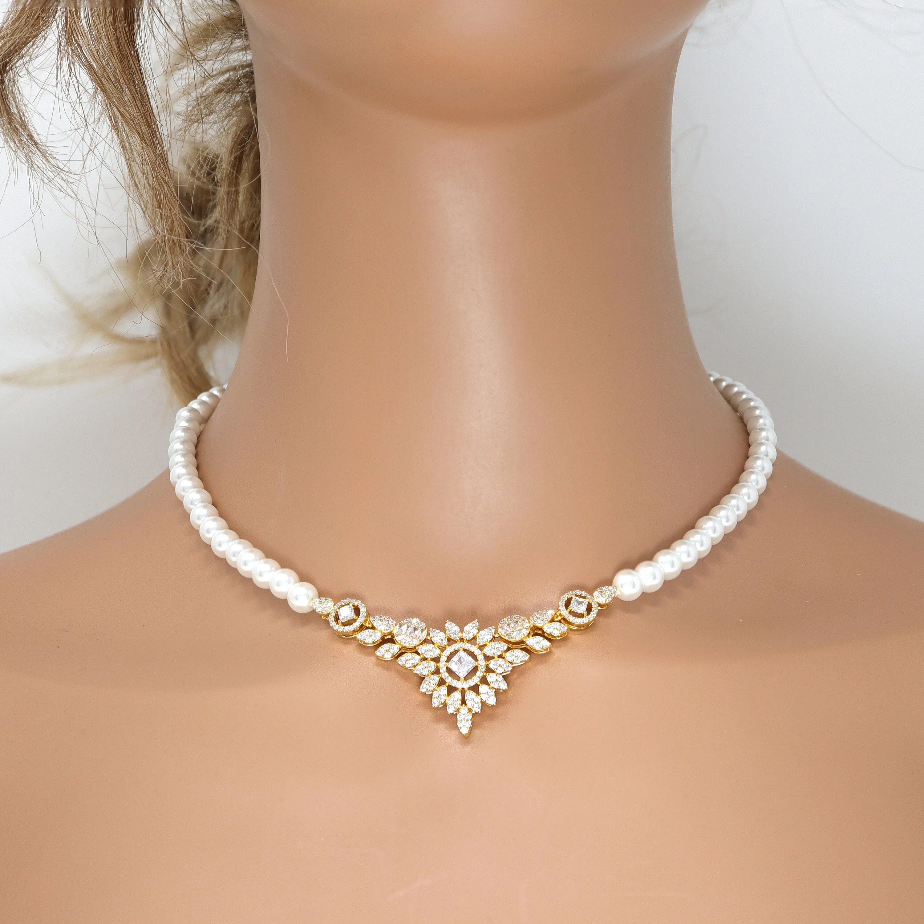 Swarovski Crystal V-Shape Flower and Pearl Statement Diamond/Crystal Necklace Set, Bridal Necklace Set, Bridal Jewelry, Statement Necklace