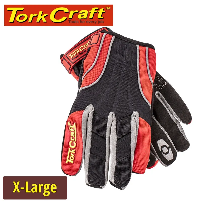 TORK CRAFT MECHANICS GLOVE X LARGE SYNTHETIC LEATHER REINFORCED PALM SPANDEX RED GL23