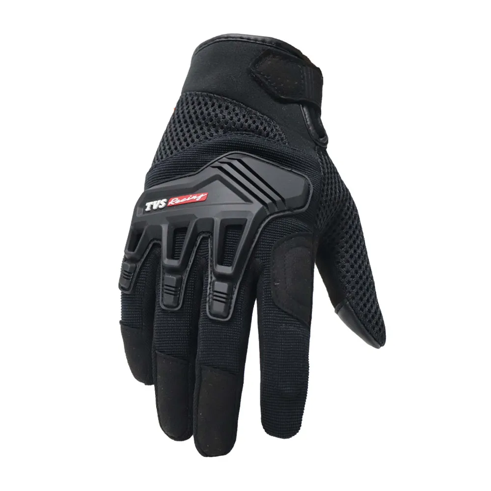 TVS Racing Riding Gloves for Men-Mesh for Ventilation, TPR Protection for Knuckles,Touch Screen Compatible, & Visor Wiper Fingertips-Premium Bike Gloves for Riding Comfort-Black