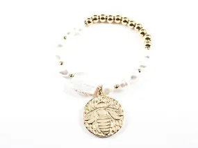 Unique Fun Large Round Insect Charm Pearl & Gold Beads Steel Stretch Bracelet