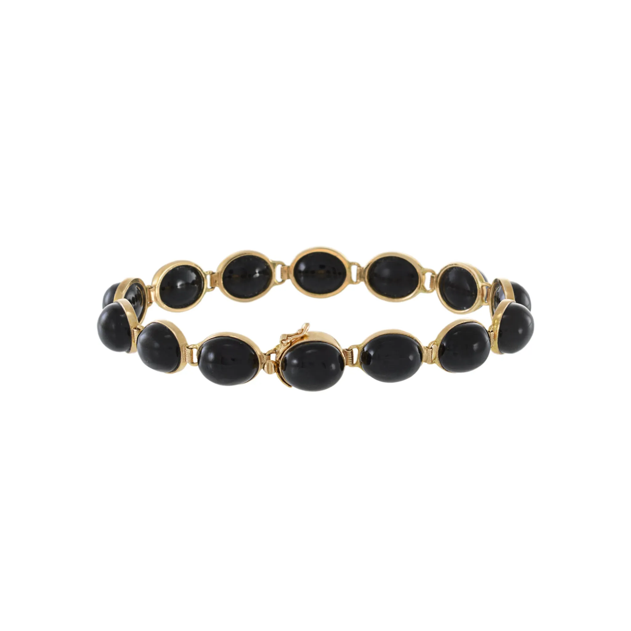 Vintage 14KT Yellow Gold Cabochon Black Onyx Link Bracelet