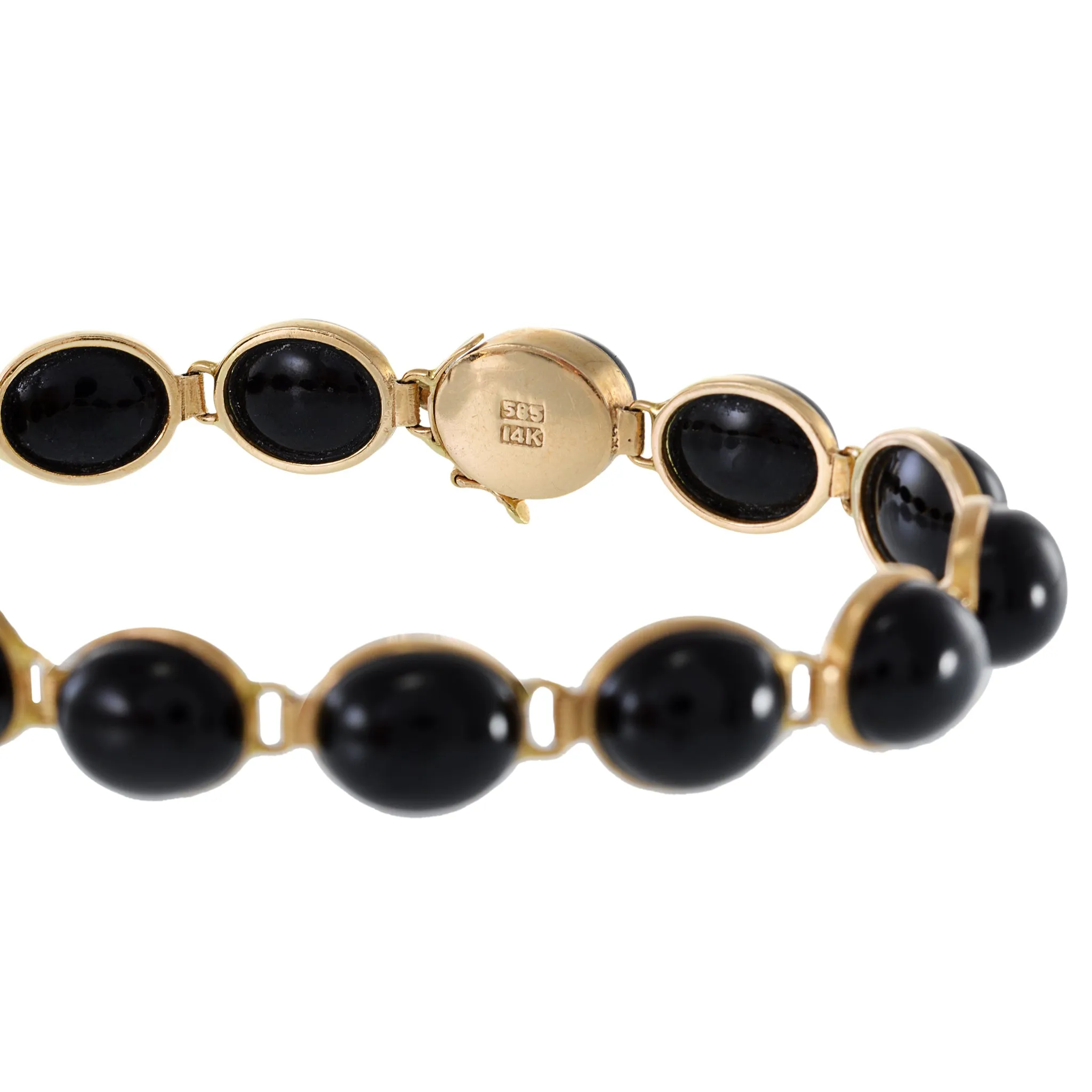 Vintage 14KT Yellow Gold Cabochon Black Onyx Link Bracelet