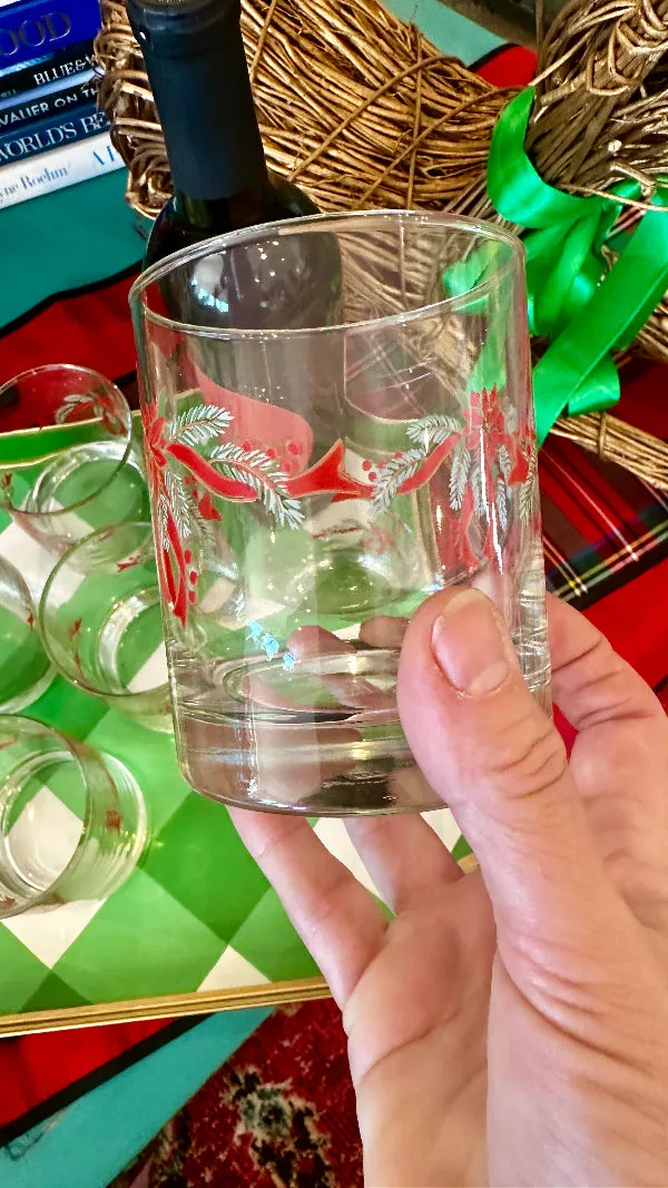 Vintage Low Ball Glasses - Christmas Poinsettia Anchor Hocking