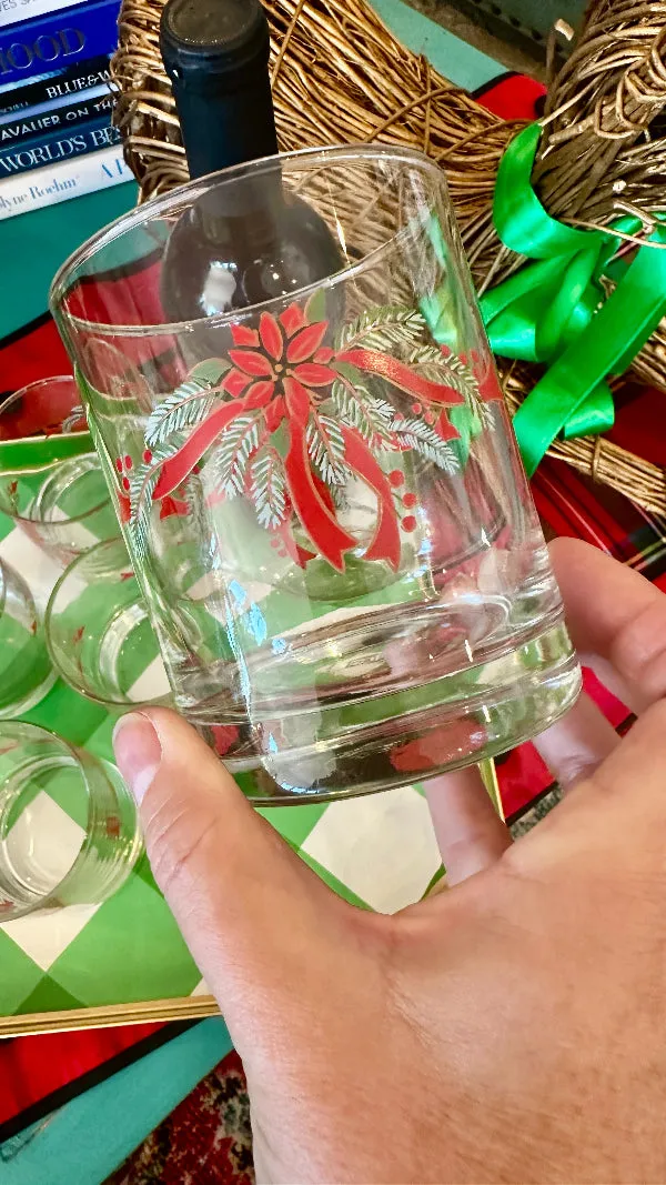 Vintage Low Ball Glasses - Christmas Poinsettia Anchor Hocking