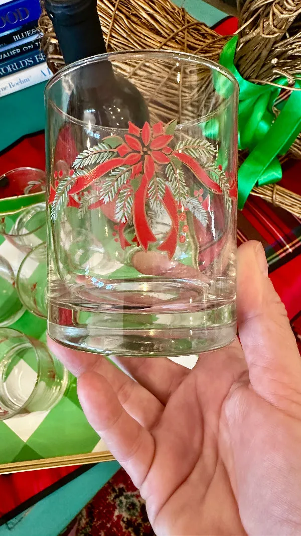 Vintage Low Ball Glasses - Christmas Poinsettia Anchor Hocking