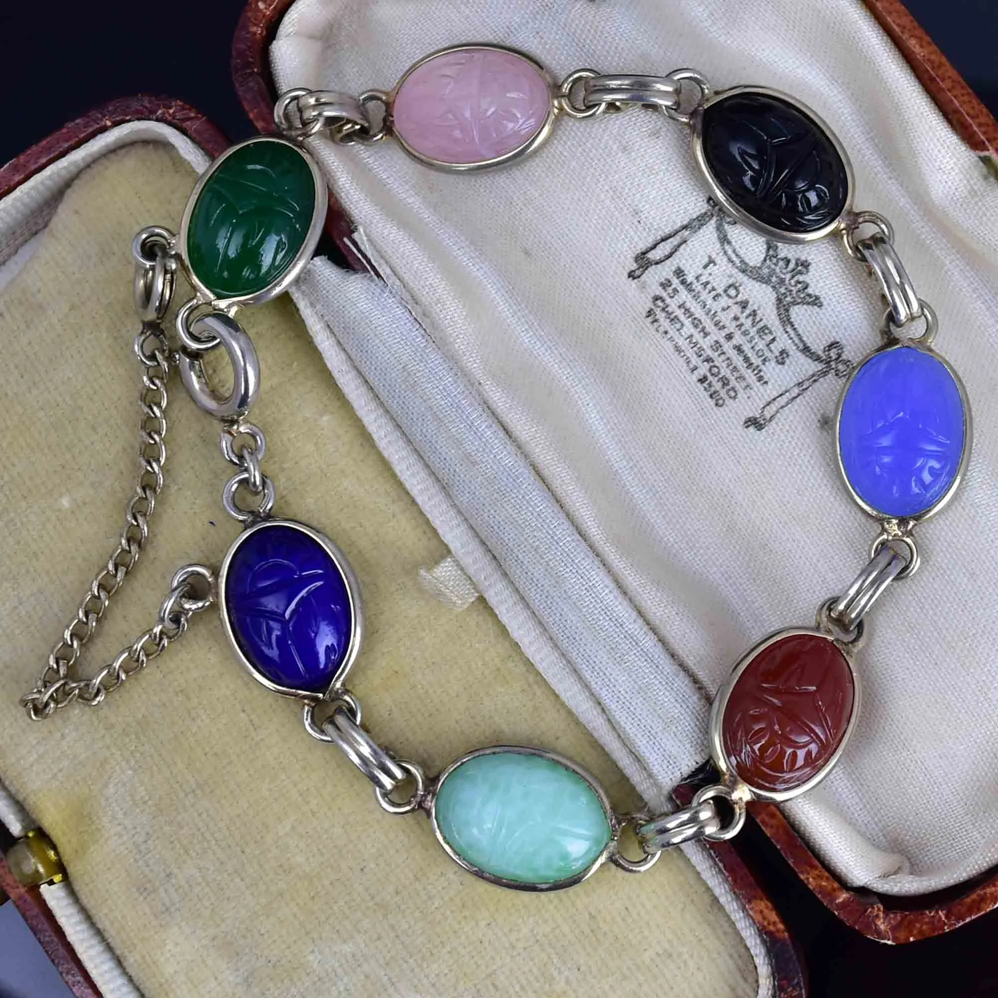 Vintage Multi Gemstone Egyptian Beetle Bug Scarab Bracelet