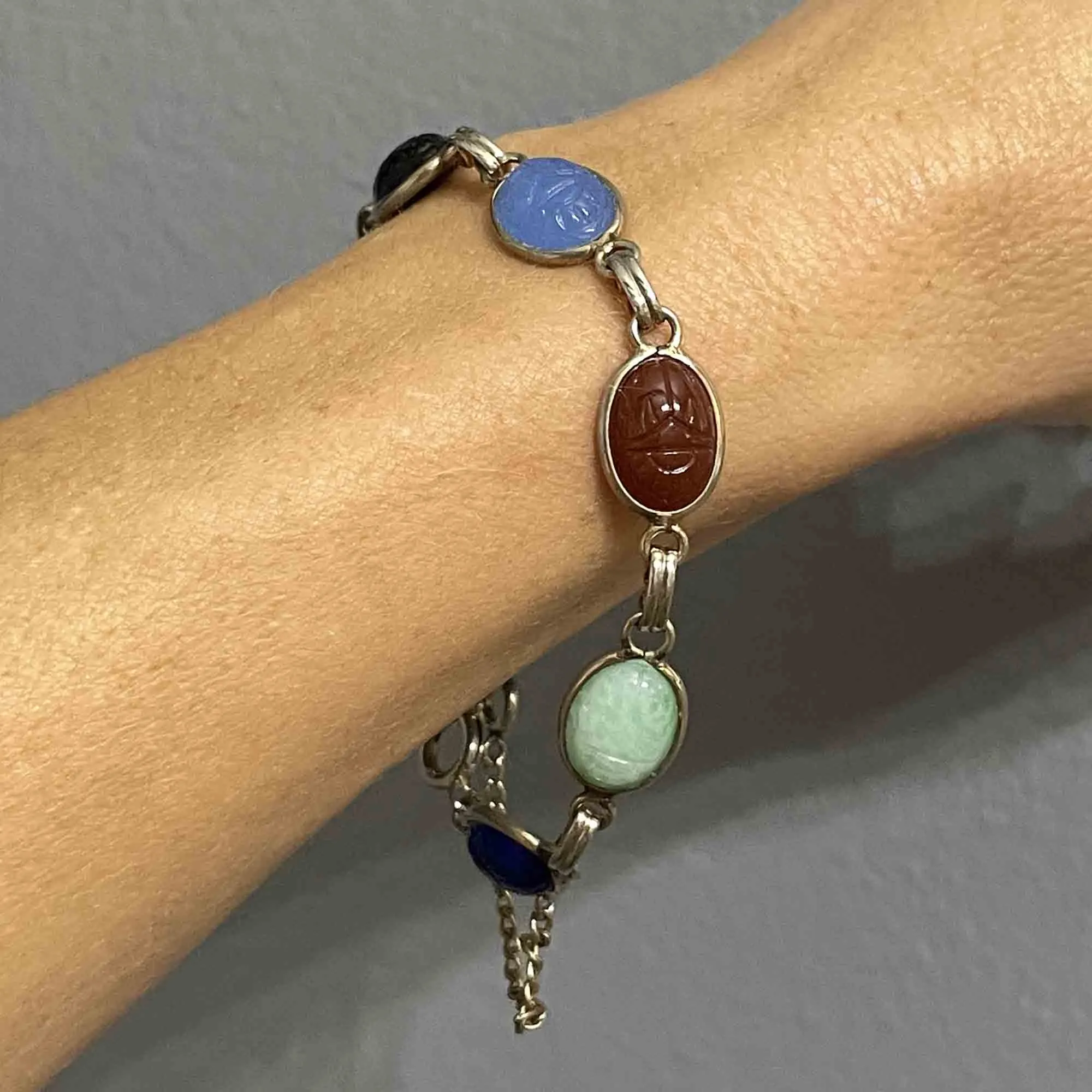 Vintage Multi Gemstone Egyptian Beetle Bug Scarab Bracelet