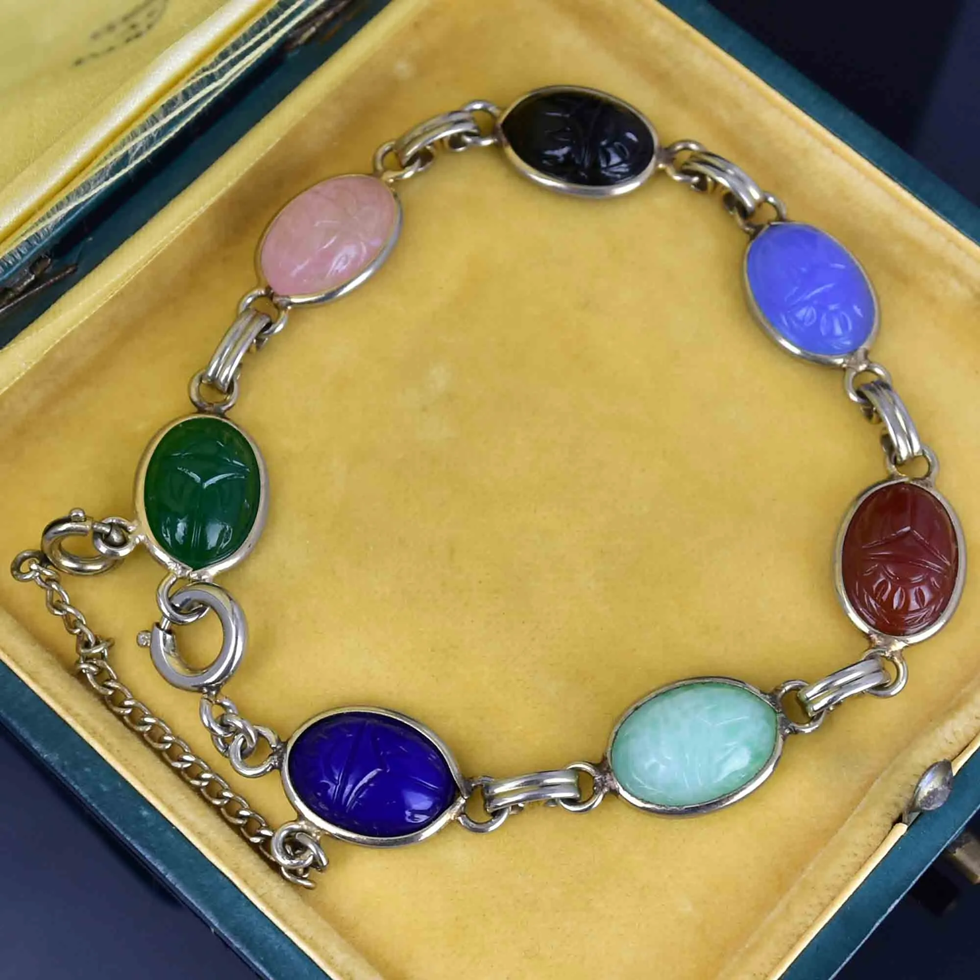 Vintage Multi Gemstone Egyptian Beetle Bug Scarab Bracelet