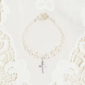 White Luster Pearl Bracelet with Silver Cross