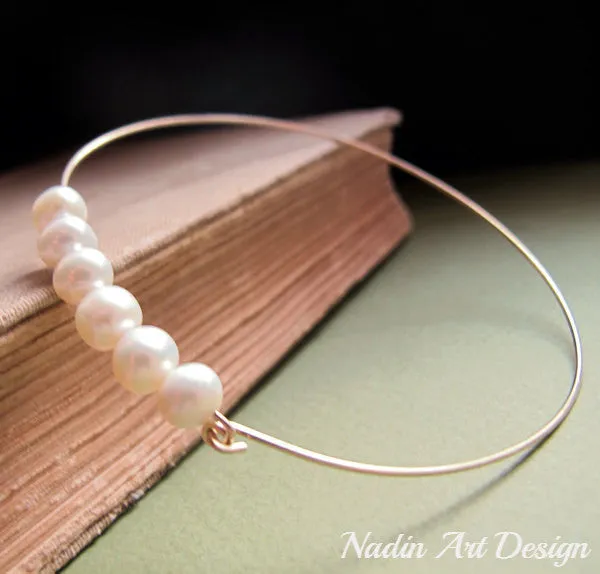 White Pearl Bangle - Gold Cuff