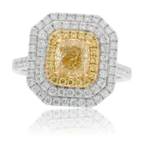 Yellow Diamond Cushion Cut Double Halo Engagement Ring